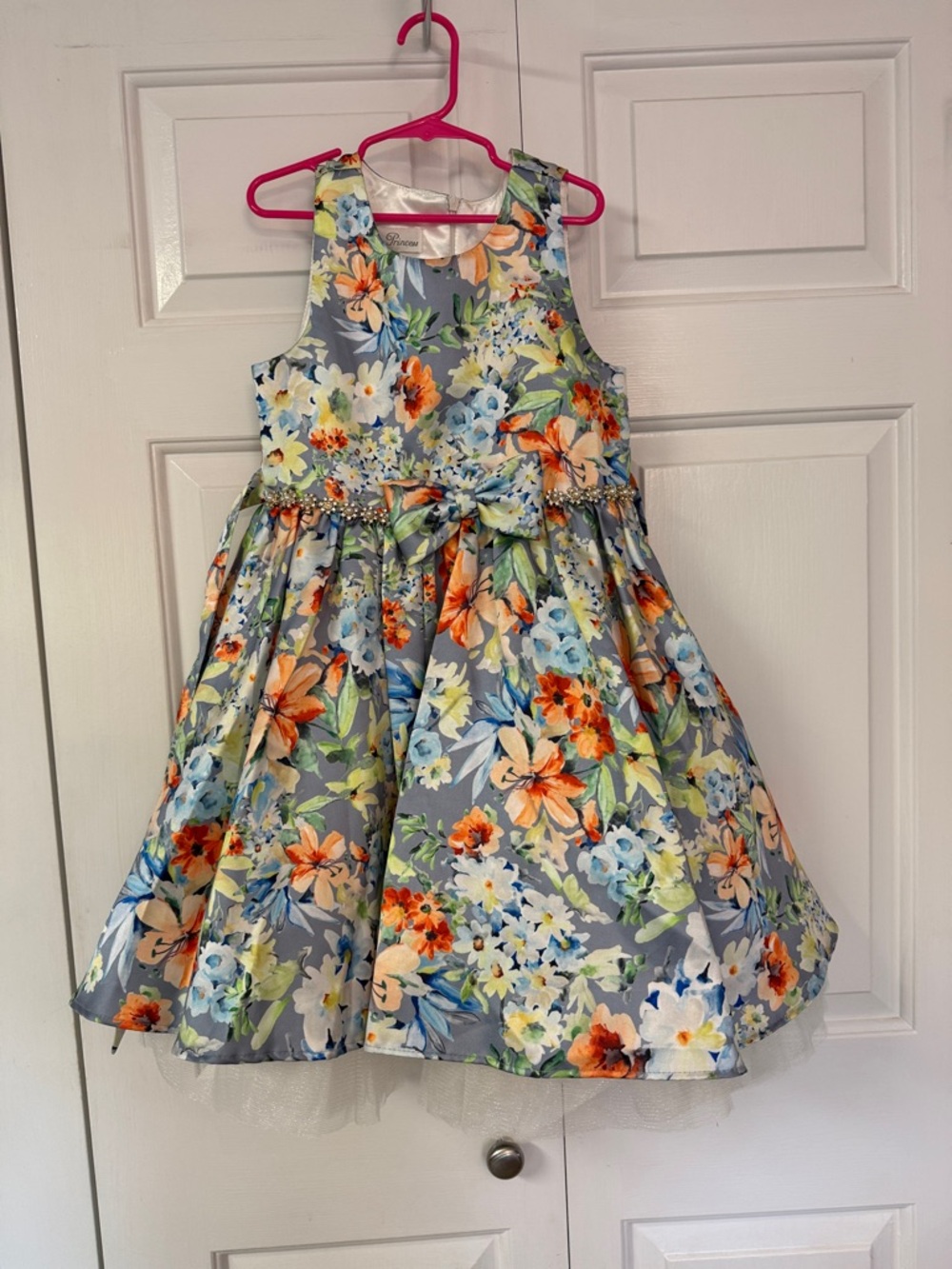 Sleeveless Floral Fit-and-Flare Dress in Blue and Orange